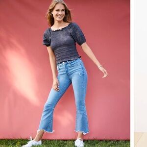 LOFT Destructed High Waist Slim Pocket Flare Crop Jeans in Indigo Wash